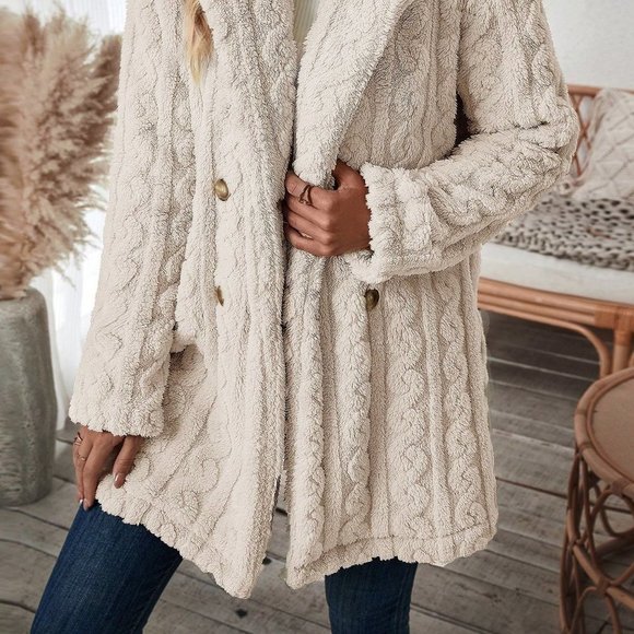 Apricot Preppy Womens Double Breasted Lapel Neck Flannelette Coat - Picture 2 of 5